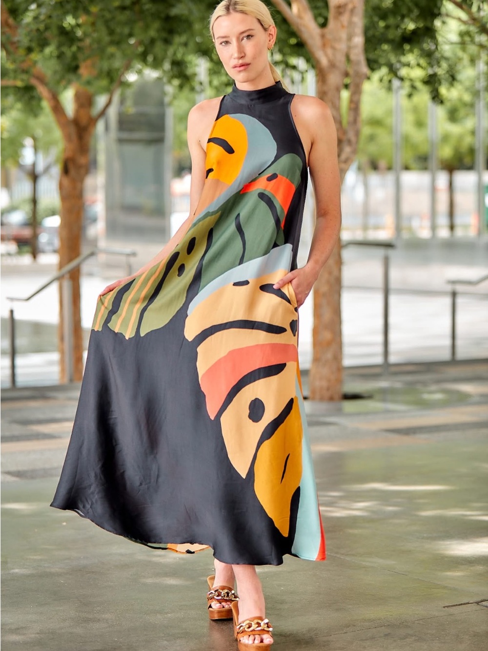Farm Rio Halter Leaf Maxi Dress XS Petite